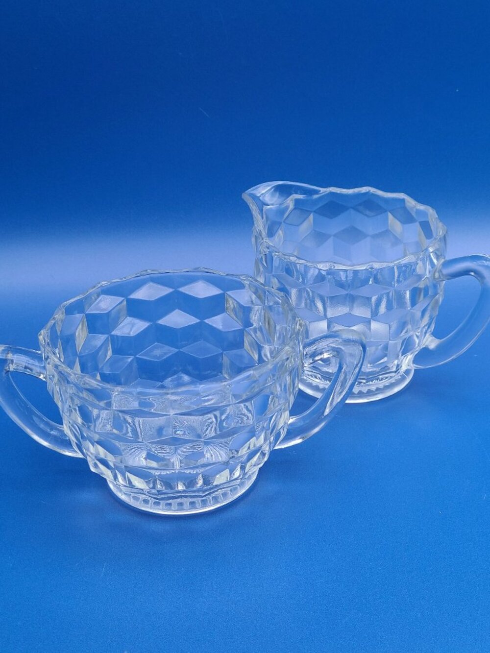 Fostoria Glass Vintage American Clear Cubist Cream Open Sugar Set